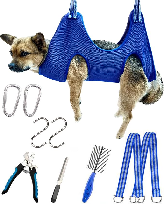 10 in 1 Pet Grooming Hammock Harness with Nail Clippers/Trimmer, Nail File, Comb,Dog Nail Hammock, Dog Grooming Sling for Nail Trimming/Clipping (S/Under 30lb, Blue)