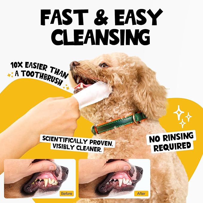 Teeth Cleaning Wipes 60 Packs - Peanut Butter Dental Wipes to Reduce Plaque & Tartar for Dogs & Cats - Pet Dental Wipes for Oral Freshness