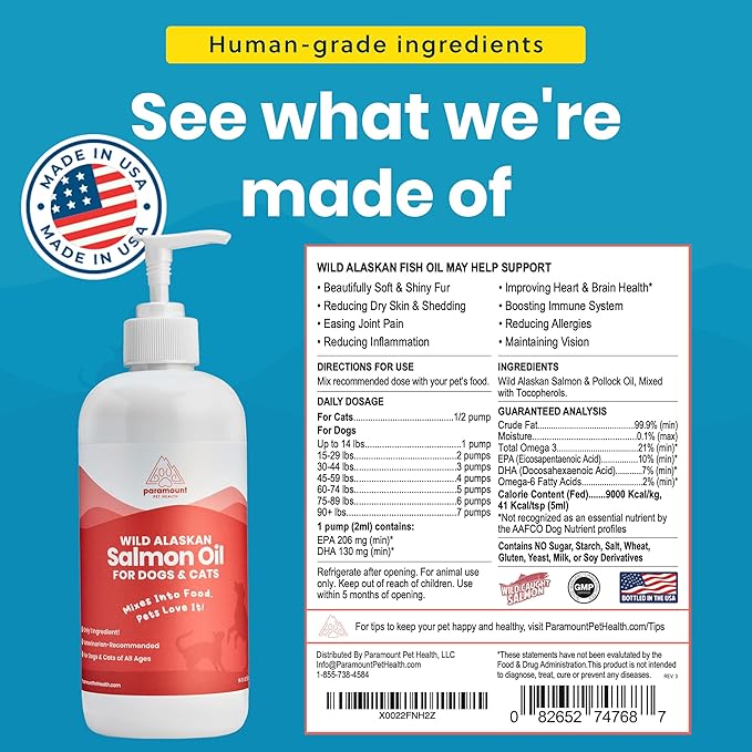 Paramount Pet Health Wild Alaskan Salmon Oil for Cats & Small Dogs, Supports Skin, Coat, Joint & Overall Well-Being, Pure & Premium Alaskan Salmon Oil for Dogs & Cats with No Fillers, 16 oz
