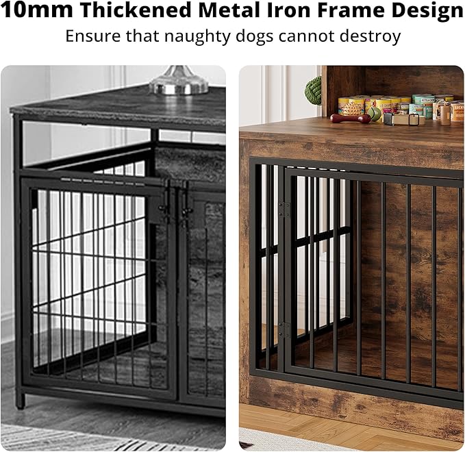 IRONCK Dog Crate Furniture, 43.3 inches Wooden Large Dog Crate with Storage and 4 Hooks, Heavy Duty Pet Crate for Large Dog, Decorative Pet Cage for Indoor (30" L x 43.3" W x 41.1" H)