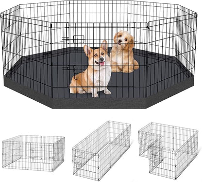 Dog Pen Pet Playpen Dog Fence Indoor Foldable Metal Wire Exercise Puppy Play Yard Pet Enclosure Indoor Outdoor 8 Panels 24 Inch with Bottom Pad/Top Cover (Black with Bottom pad)