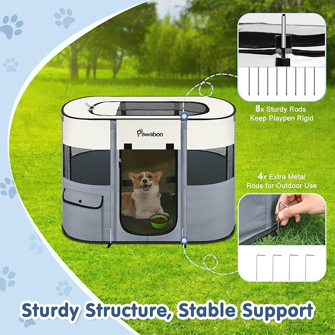 Dog Playpen, Portable Pet Playpen Cat PlayPen, 600D Oxford Dog Kennel Tent Crate, Waterproof&Breathable, Indoor Outdoor Travel Camping Use for Medium/Large Breed with Carrying Case+Folding Bowl,L,Gray