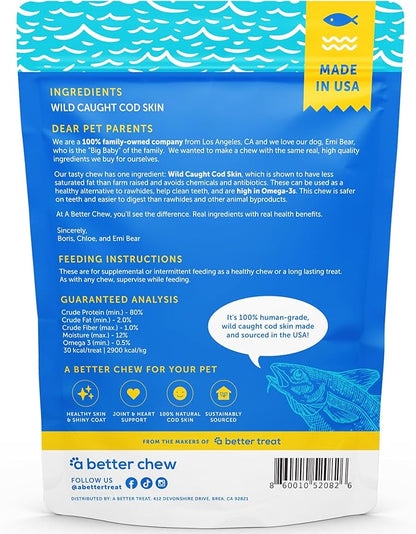 A Better CHEW  Wild Caught Cod Skin Dog Treats | Sourced and Made in The USA, Single Ingredient, Dehydrated | Natural, Healthy Alternative to Rawhides + Bully Sticks, Long Lasting Chew