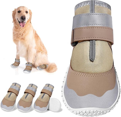 DcOaGt Dog Shoes Large Size Dogs,Mesh Breathable Dog Boots & Paw Protectors for Hot Pavement Summer Winter Snow, 360°Anti-Slip Dog Booties with Reflective Strips for Hiking/Walking,Khaki 4PCS(Size 6)
