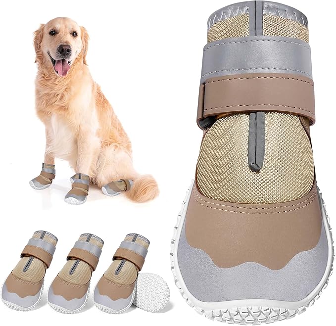 DcOaGt Dog Shoes Small Size Dogs,Mesh Breathable Dog Boots & Paw Protectors for Hot Pavement Summer Winter Snow, 360°Anti-Slip Dog Booties with Reflective Strips for Hiking/Walking,Khaki 4PCS(Size 2)