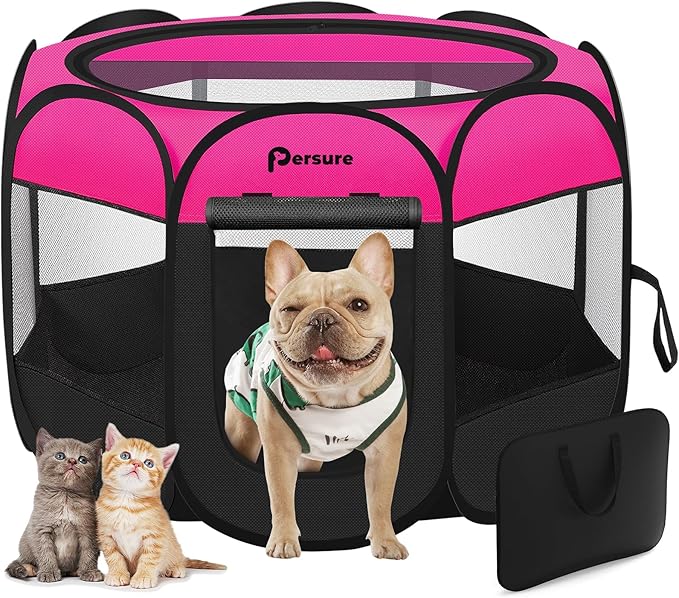 Dog Cat Playpen Indoor Outdoor for Puppy Pet Travel and Recovery After Surgery, Dogs Enclosure Tent Crates Cage Indoor/Outdoor, Portable Pop Up Dog Kennel with Carrying Case(Rosy, Medium)