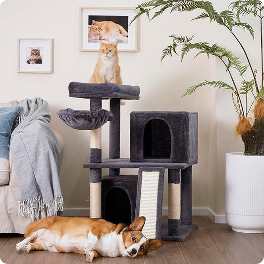 Ouritsu Cat Tree, 35 inch Cat Tower for Large Cat Indoor, 1 Widened Top Perch, 2 Enlarged Condos, Fluffy Basket, Scratching Posts and Ramp, Dark Gray, MF002DG