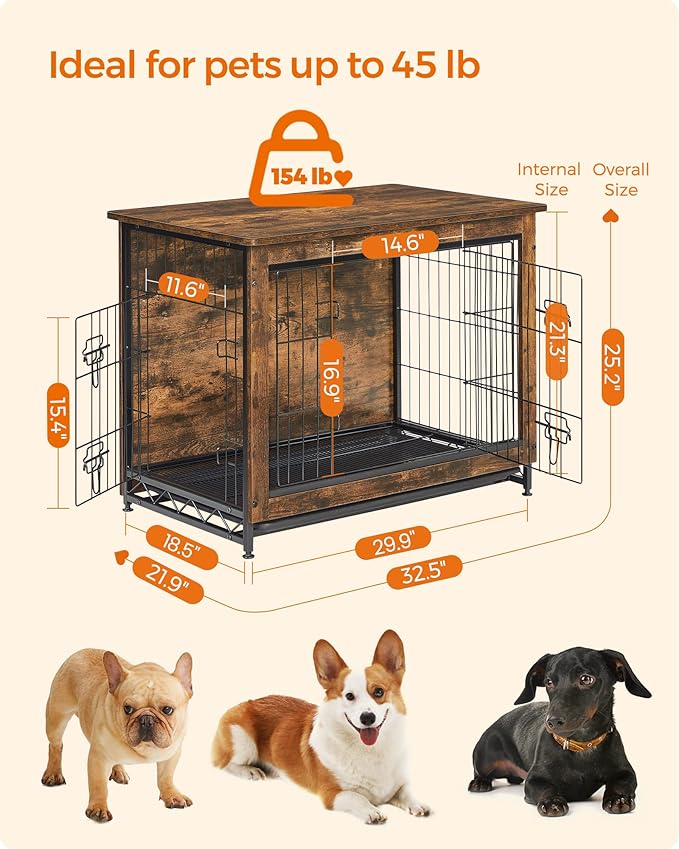 Feandrea Dog Crate Furniture, 32.5" Side End Table, Modern Kennel for Dogs Indoor up to 45 lb, Heavy-Duty Dog Cage with Multi-Purpose Removable Tray, Double-Door Dog House, Rustic Brown UPFC002X01