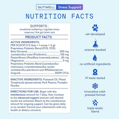 GutWell Stress Support - Dog Anxiety Relief & Calming Treats - Tasty Food Topper for Dog Stress and Anxiety Relief - Support Gut-Brain Axis with Triple-biotic Blend & Magnesium - 60 Scoops