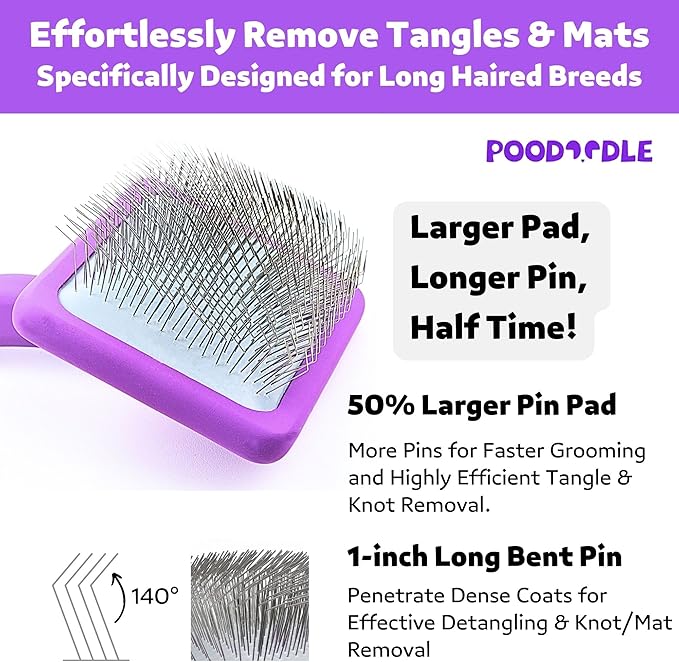 Dog Slicker Brush, Grooming Brush for Poodle, Doodle, Goldendoodle & All Long Haired Dogs, Long Pin Wood Brush Pefect for Dematting & Detangling, Effortless Grooming Pet Hair At Home - Large