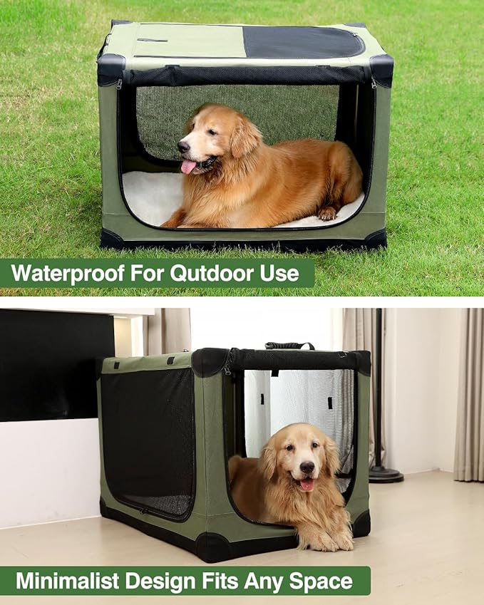 30 Inch Collapsible Travel Dog Crate for Medium Large Dogs, Portable Dog Crate 4-Door Foldable Soft Kennel with Chew-Proof Mesh Windows for Indoor & Outdoor Travel,with Storage Bag,Green