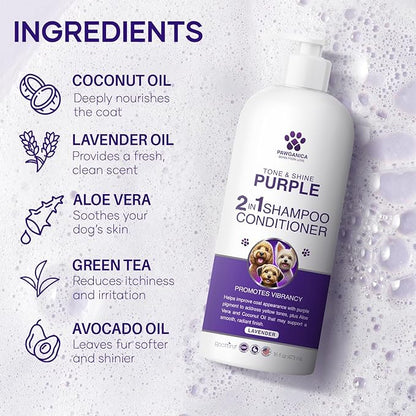 Pawganica 2-in-1 Purple Shampoo for Dogs, Supports Coat Whitening & Softness, pH-Balanced, Fur Whitening Dog Shampoo and Conditioner, Shampoo for Smelly Dogs 16 fl oz