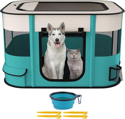 Foldable Pet Playpen, Portable Dog Cat Crate Pet Kennel Tent, Removable Shade Cover, Free Carrying Case, Indoor Outdoor Travel Use for Small Medium Large Dogs Cats (L-Blue-S, Medium(72*54.5*42.5CM))