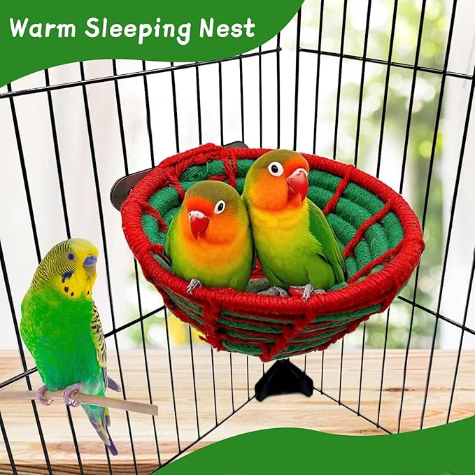 Bird Nest for Cage,Parrot Breeding Nest,Handwoven Cotton Rope Parakeet Bed,Canary Nesting House for Budgie,Finch,Cockatiel,Conure,Lovebird, Small Birds,Red&Green