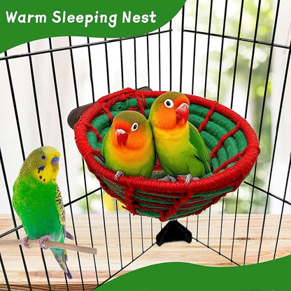 Bird Nest for Cage,Parrot Breeding Nest,Handwoven Cotton Rope Parakeet Bed,Canary Nesting House for Budgie,Finch,Cockatiel,Conure,Lovebird, Small Birds,Red&Green