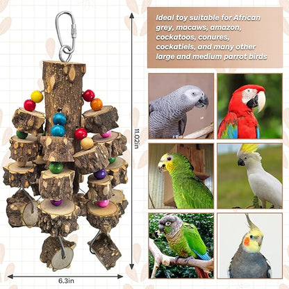 PINVNBY Large Bird Parrot Toys, Natural Wooden Blocks Chew Toy, Durable Cage Bite for African Grey Cockatoo Macaws Cockatiels Eclectus Large Medium Parrots (Small Size, Wire Link)