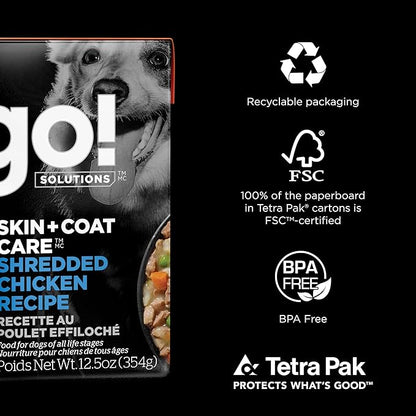 Go! Solutions Skin + Coat Care, Wet Dog Food Shredded, Chicken Recipe with Grains for Sensitive Skin, 12.5 oz