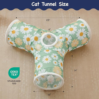 Tempcore Pet Cat Tunnel Tube Cat Toys 3 Way Collapsible, Cat Tunnels for Indoor Cats，Kitty Tunnel Bored Pet Toys Peek Hole Toy Ball Puppy, Kitty, Kitten, Rabbit Daisy Green Printed