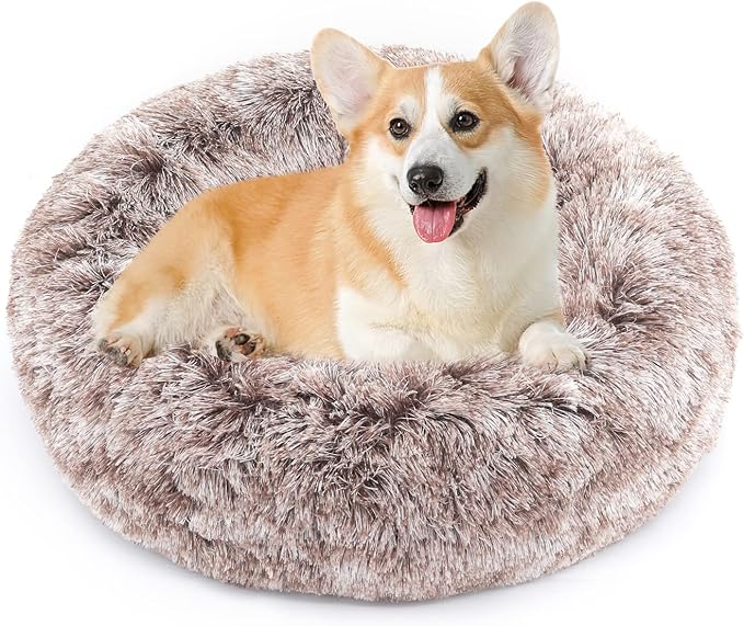 NOYAL Calming Donut Dog Bed for Small to Medium Dogs & Cats - Plush Faux Fur Anti-Anxiety Pet Bed with Machine Washable Cover & Non-Slip Base