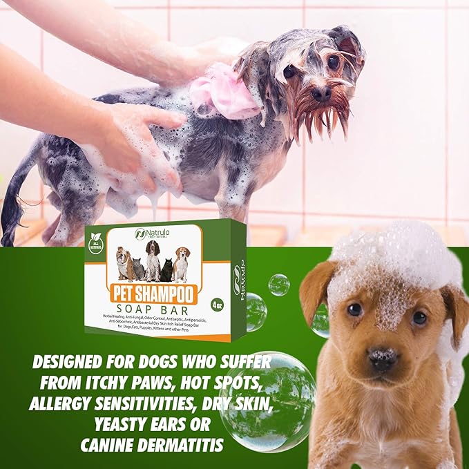 Natrulo All Natural Pet Shampoo Soap Bar for Dogs, Cats, Puppies – Herbal Healing Dry Skin Itch Relief, Odor Control Bar Soap for Pets – Gentle, Plant-Based, Easy-to-Use Pet Soap Bar Made in USA