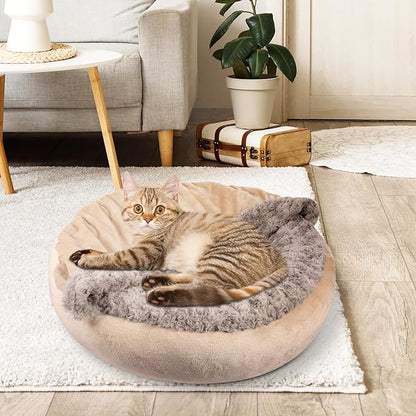 JOEJOY Dog Beds for Small Medium Dogs, Cozy Cuddler Luxury Puppy Pet Bed with Blanket Attached, Donut Round Calming Anti-Anxiety Dog Burrow Cave Bed - Anti-Slip Bottom and Machine Washable 26 inch