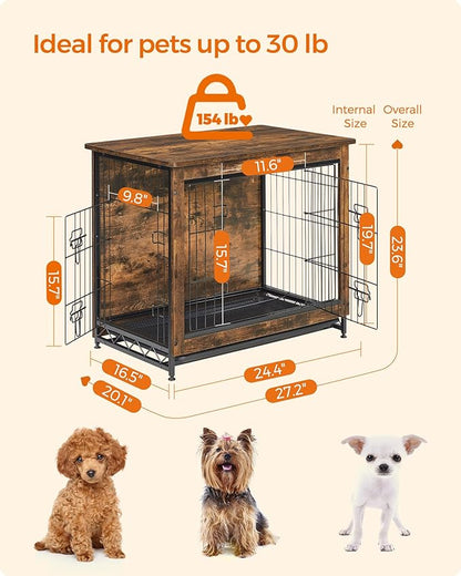 Feandrea Dog Crate Furniture, 27.2" Side End Table, Modern Kennel for Dogs Indoor up to 30 lb, Heavy-Duty Dog Cage with Multi-Purpose Removable Tray, Double-Door Dog House, Rustic Brown UPFC001X01