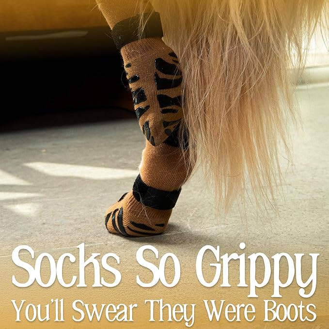 DOK TigerToes Premium Non-Slip Dog Socks for Hardwood Floors - Extra-Thick Grip That Works Even When Twisted - Prevents Licking, Slipping, and Great for Dog Paw Protection (Cool Caramel, Large)