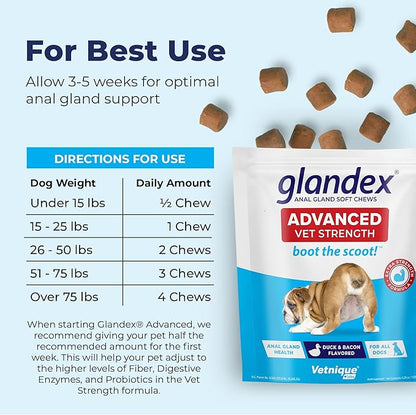 Glandex Anal Gland Soft Chew Treats with Pumpkin for Dogs Digestive Enzymes, Probiotics Fiber Supplement for Dogs Boot The Scoot (Advanced Strength Duck/Bacon Chews (Vegetarian), 30ct)