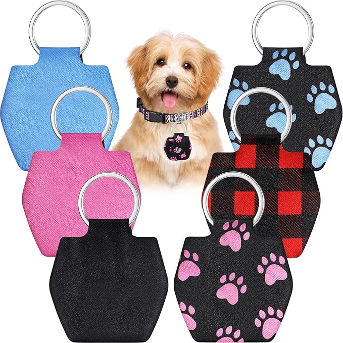 6 Pieces Dog Tag Holder Portable Pet ID Tag Soundless Dog Tag Silencer Bag Cover with Rings Quiet Dog Tag Bag Protector for Dogs Cats Pets (Paw Style)