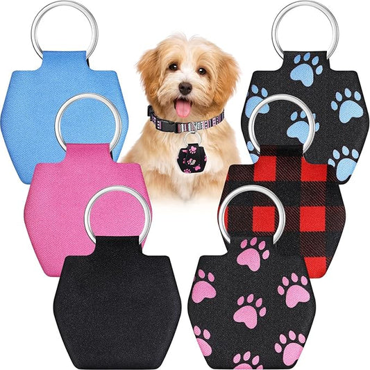 6 Pieces Dog Tag Holder Portable Pet ID Tag Soundless Dog Tag Silencer Bag Cover with Rings Quiet Dog Tag Bag Protector for Dogs Cats Pets (Paw Style)