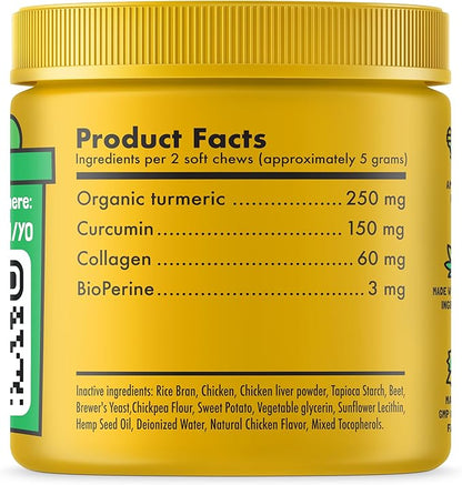 Turmeric Curcumin Hip & Joint Dogs Supplement Anti-Inflammatory Support for Arthritis & Mobility with Collagen & BioPerine Pain Relief Antioxidant Digestive Cardiovascular and Liver Health 120 Chews