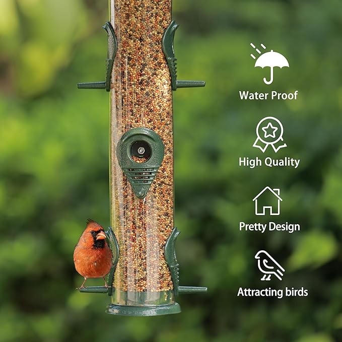 MIXXIDEA 1PK Metal Bird Feeders with 6 Feeding Ports,Tube Bird Feeder with Steel Hanger,Hard Plastic Wild Bird Feeder for Outdoors Hanging, Attracting Birds in Your Lawn, Garden, Balcony–Green