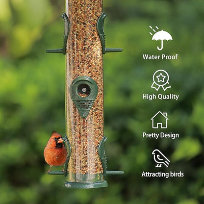 MIXXIDEA 1PK Metal Bird Feeders with 6 Feeding Ports,Tube Bird Feeder with Steel Hanger,Hard Plastic Wild Bird Feeder for Outdoors Hanging, Attracting Birds in Your Lawn, Garden, Balcony–Green