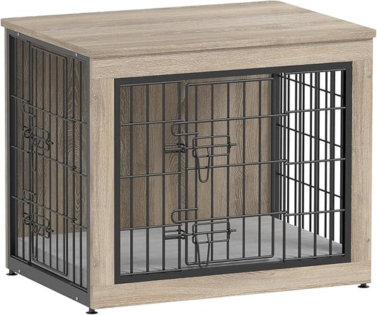 Piskyet Dog Crate Furniture with Cushion,Heavy-Duty Reinforced Metal Mesh,27" Wooden Dog Crate End Table with Double Doors,Indoor Dog Kennel,Dog Cage Side Table for Small Breed,Grey