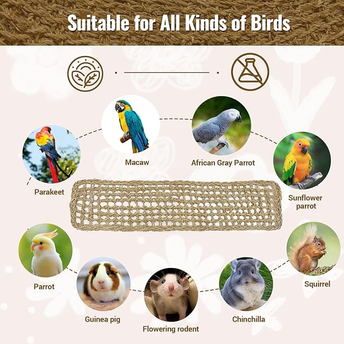 2Pcs 29.5 x 7 inches Large Bird Seagrass Mat Grass Woven Net Parrot Hammock Mat Parakeet Climbing Rope Ladder with Hooks Bird Cage Accessories for Conure Cockatiel Budgie Macaw Bearded Dragon