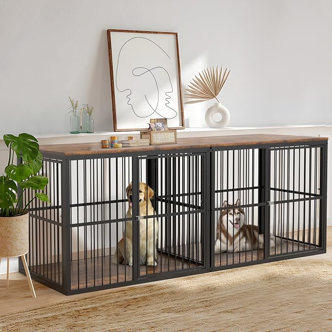 86.62''Dog Crate Furniture Large Breed TV Stand with Double Rooms,Wooden Dog Kennel Dog Crate End Table with Removable Divider for Large Medium Dogs, Can Use Separately, Brown