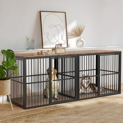 86.62''Dog Crate Furniture Large Breed TV Stand with Double Rooms,Wooden Dog Kennel Dog Crate End Table with Removable Divider for Large Medium Dogs, Can Use Separately, Brown