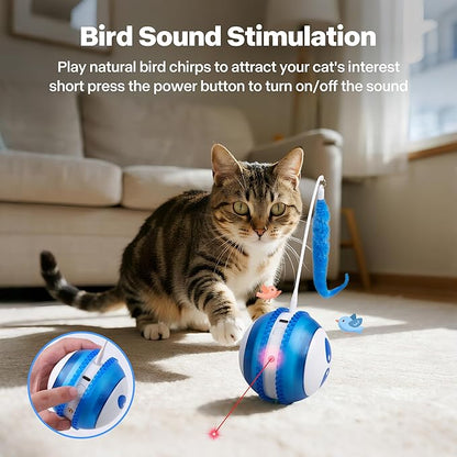 Pet Prime Interactive Cat Toy Motion Activated Cat Laser Toy Automatic Self Moving Ball with Bird Chirping,Rechargeable Exercise Stimulation Toys for Bored Blue