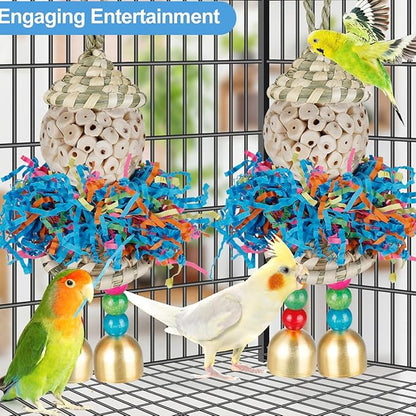 Conure Toys,2PCS Bird Toy Parrot Foraging Shredder Hanging Toys Sola Balls with Bell for Small Parrots Parakeets Cockatiel Conures Love Birds Budgie Cage Toy