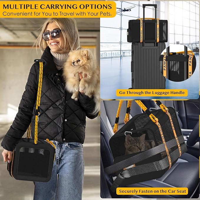 PAWZIDEA Cat Carrier with Wheels 18X11X11 TSA Airline Approved Cat Carrier for 2 Cats Under Seat Rolling Cat Carrier Travel Bag with Telescopic Handle, Shoulder Strap as Dog Leash, Black