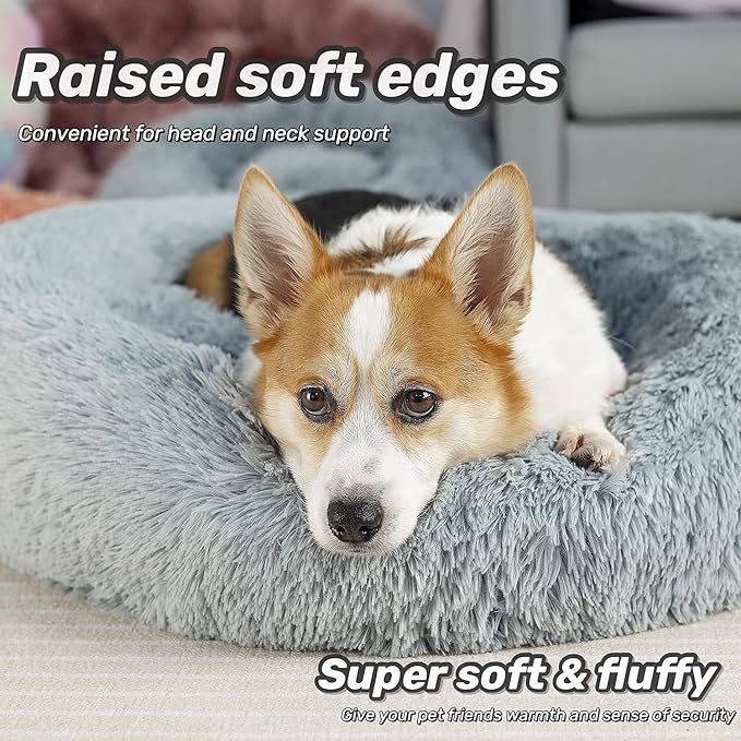 Anti Anxiety Round Fluffy Plush Faux Fur Warm Washable Dog Bed & Cat Bed, Original Bed for Small Medium Large Pets,Used to Relieve Joints and Improve Sleepï¼20"/24"/27''ï¼ (27", Light Grey)