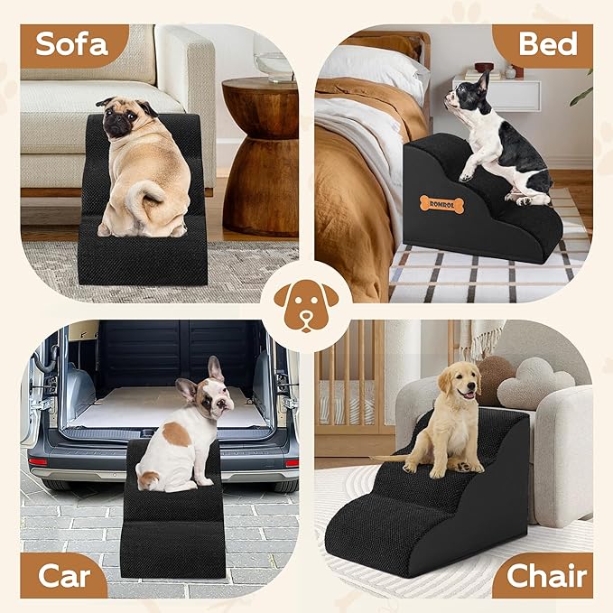 Romrol Dog Stairs Ramp for Beds Couches, Extra Wide Pet Steps with Durable Non-Slip Waterproof Fabric Cover, Pets Slope Stairs, 3-Tiers,Black