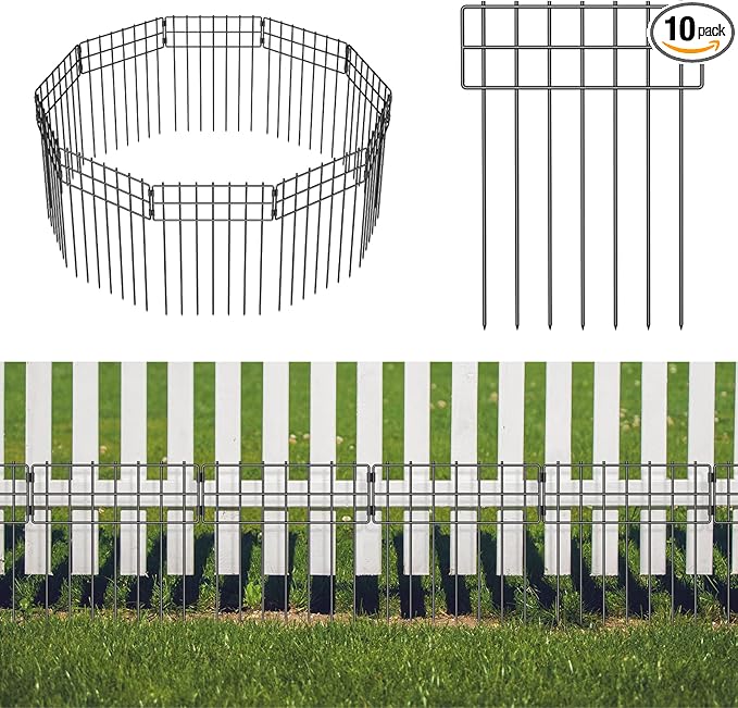 10 Pack Animal Barrier Fence, 17 in(H) X 10 Ft(L) No Dig Garden Decorative Fencing, Rustproof Metal Wire Panel Garden Fence Border for Dog Rabbits Ground Stakes Fence and Outdoor Landscape Yard