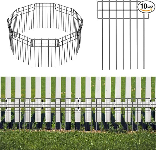 10 Pack Animal Barrier Fence, 17 in(H) X 10 Ft(L) No Dig Garden Decorative Fencing, Rustproof Metal Wire Panel Garden Fence Border for Dog Rabbits Ground Stakes Fence and Outdoor Landscape Yard