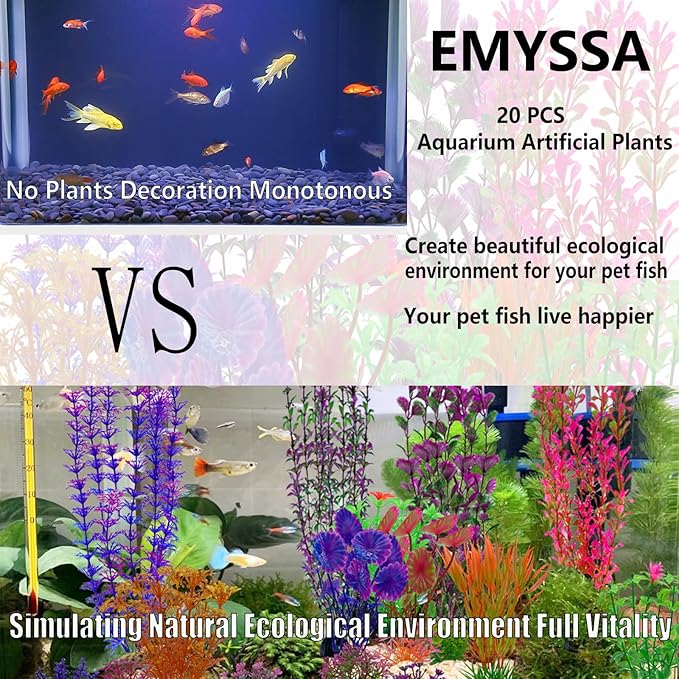 20 Pack Aquarium Plants, Fish Tank Decoration Colorful Artificial Fish Tank Decor Plants Aquarium Decorations for Household and Office Aquarium Simulation, Small to Large and Tall
