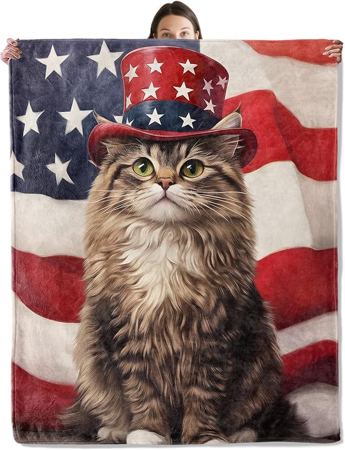 Patriotic Cat Blanket, Cozy Flannel Tabby Kitten & American Flag Throw Blanket for Couch Outdoor, Plush Soft Lightweight Travel Blankets for Bed Decor and Gifts, for Women Kids Adults 60"x80"