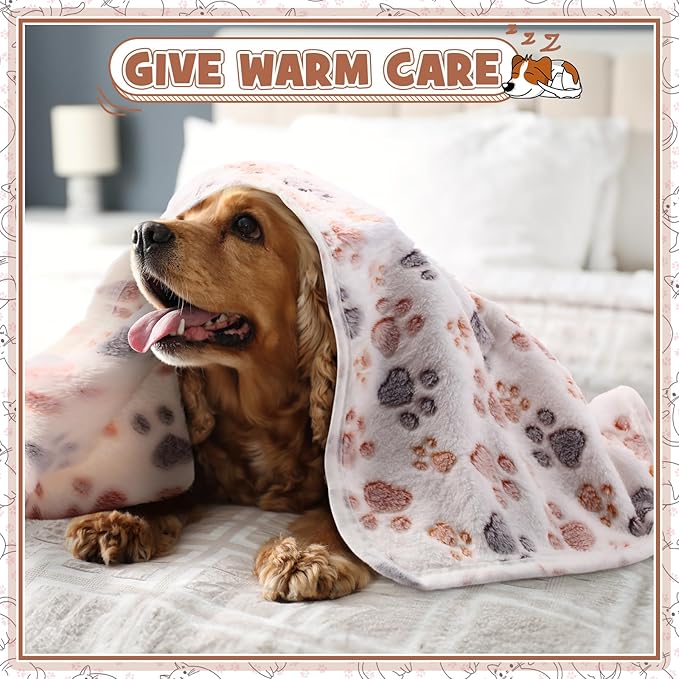 Tegeme 12 Pieces Pet Blanket Soft Fleece Dog Fluffy Doggie Warm Felt Throw Spring Cute Paw Print Puppy Kitten Sleep Mat Bed Covers for Cat(30 x 20 Inch,Dark Gray, White, Camel)