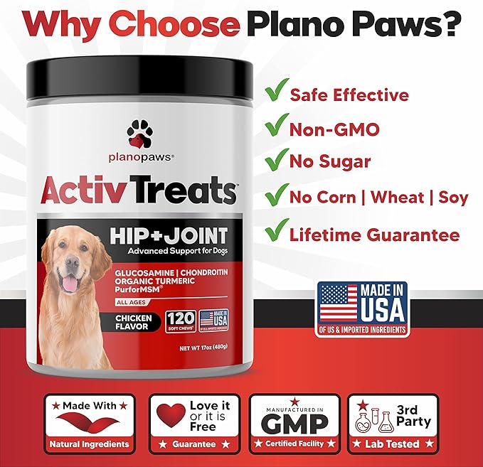 Glucosamine for Dogs Hip and Joint Supplement - Safe Joint Support for Dogs - Dog Joint Supplement with Glucosamine Chondroitin MSM Turmeric - 120 Joint Care Chews for Dogs ActivTreats
