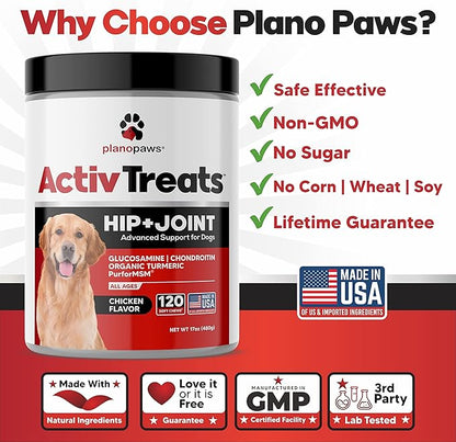 Glucosamine for Dogs Hip and Joint Supplement - Safe Joint Support for Dogs - Dog Joint Supplement with Glucosamine Chondroitin MSM Turmeric - 120 Joint Care Chews for Dogs ActivTreats