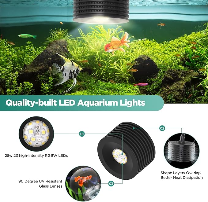 Lominie Aquarium LED Light 25W Full Spectrum Aquarium Plant Light for Freshwater Saltwater Fish Tank with Gooseneck